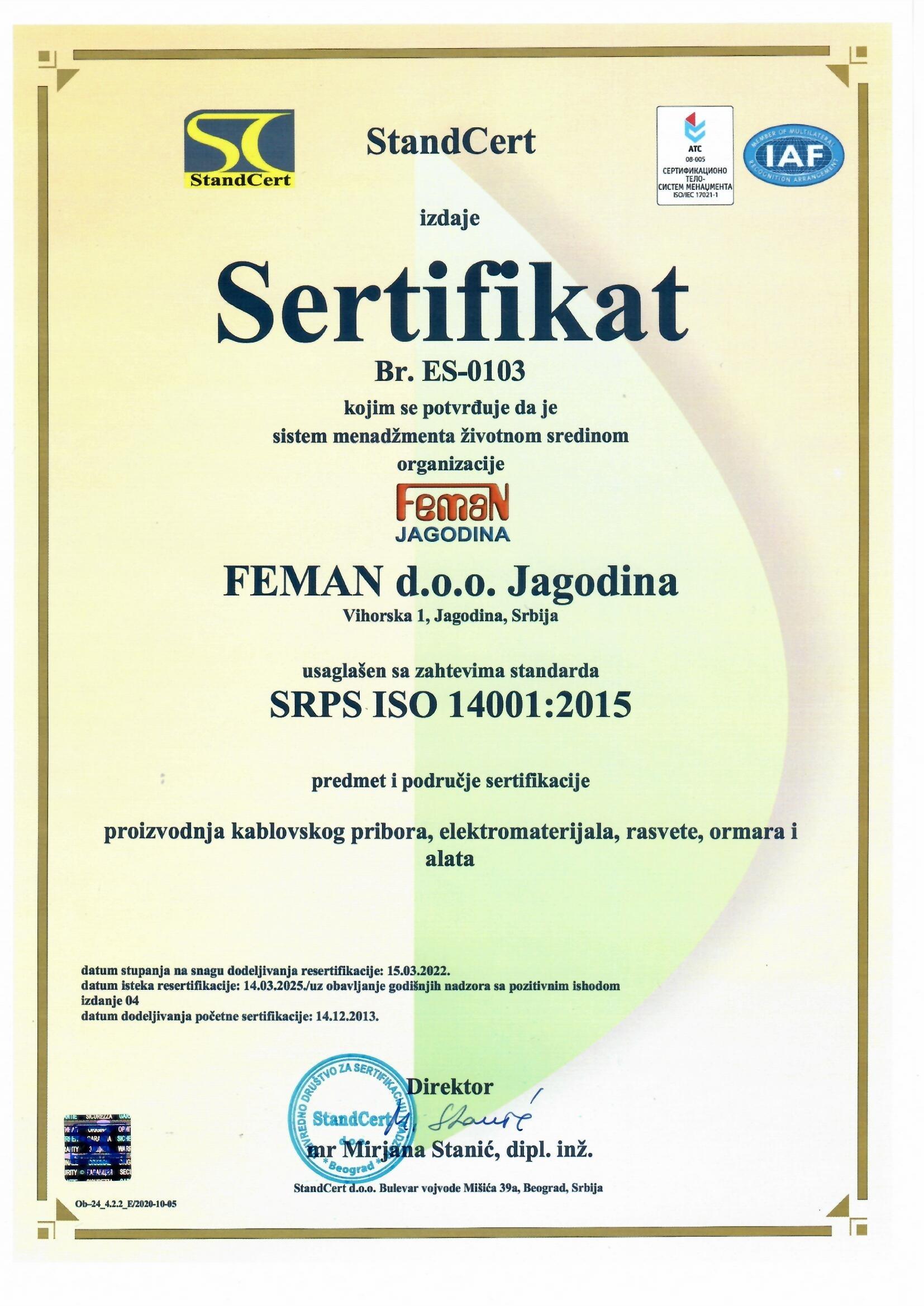 Sertifikat ISO 14001 sr
